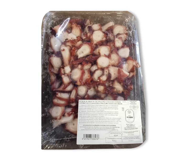 Pulpo cocido troceado con cabeza (4 bandejas de 750gr)
